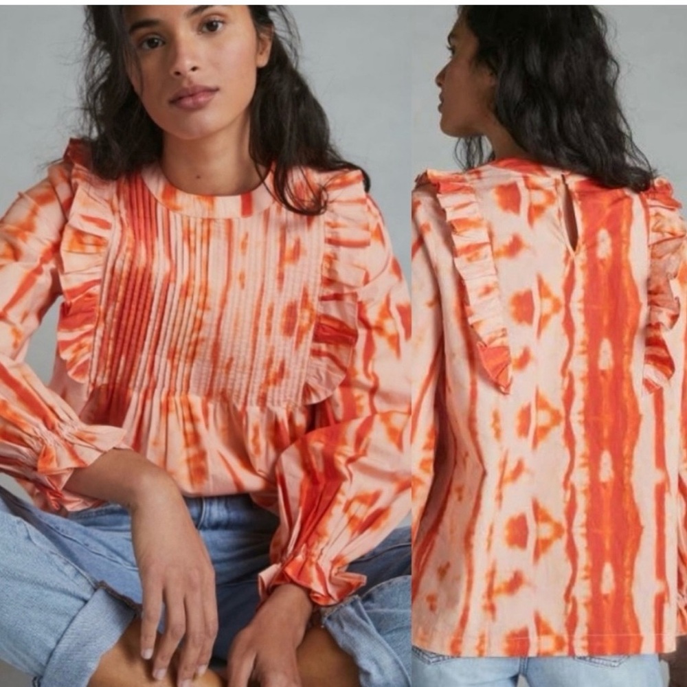 Anthropologie ▪︎ (M) Emilia Tie Dye Orange Ruffle Blouse